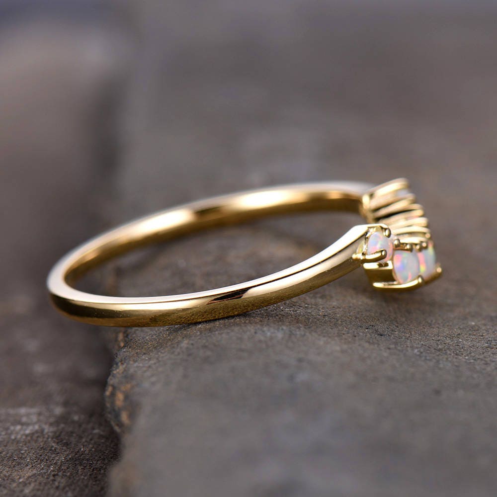 Opal Crown Wedding Band Curve Wedding Ring Stackable Matching Band Chevron Ring Yellow Gold Plated Sterling Silver Anniversary Ring