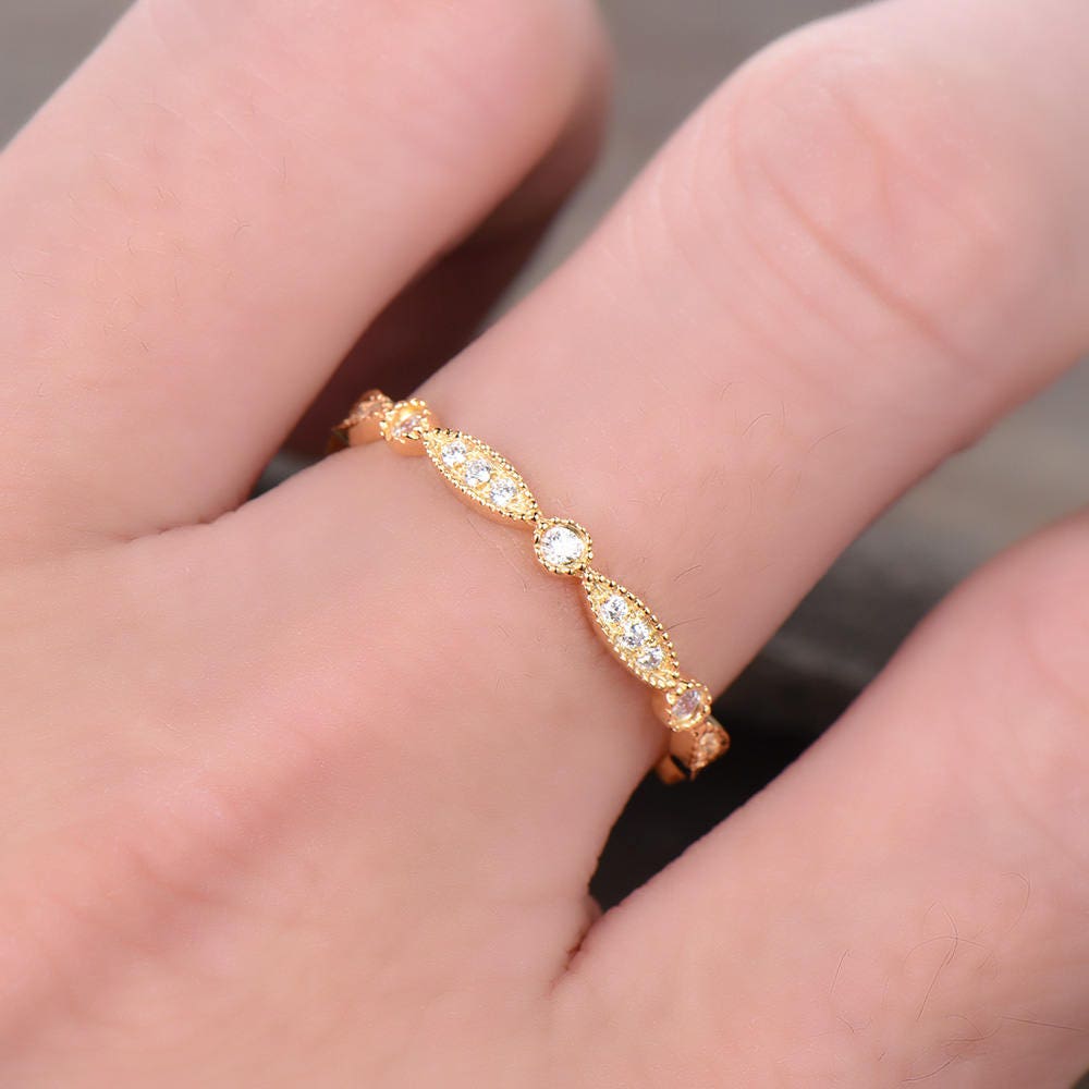 Vintage Wedding Band Art Deco Wedding Band Milgrain Marquise Matching Band Sterling Silver Anniversary Ring Yellow Gold Plated
