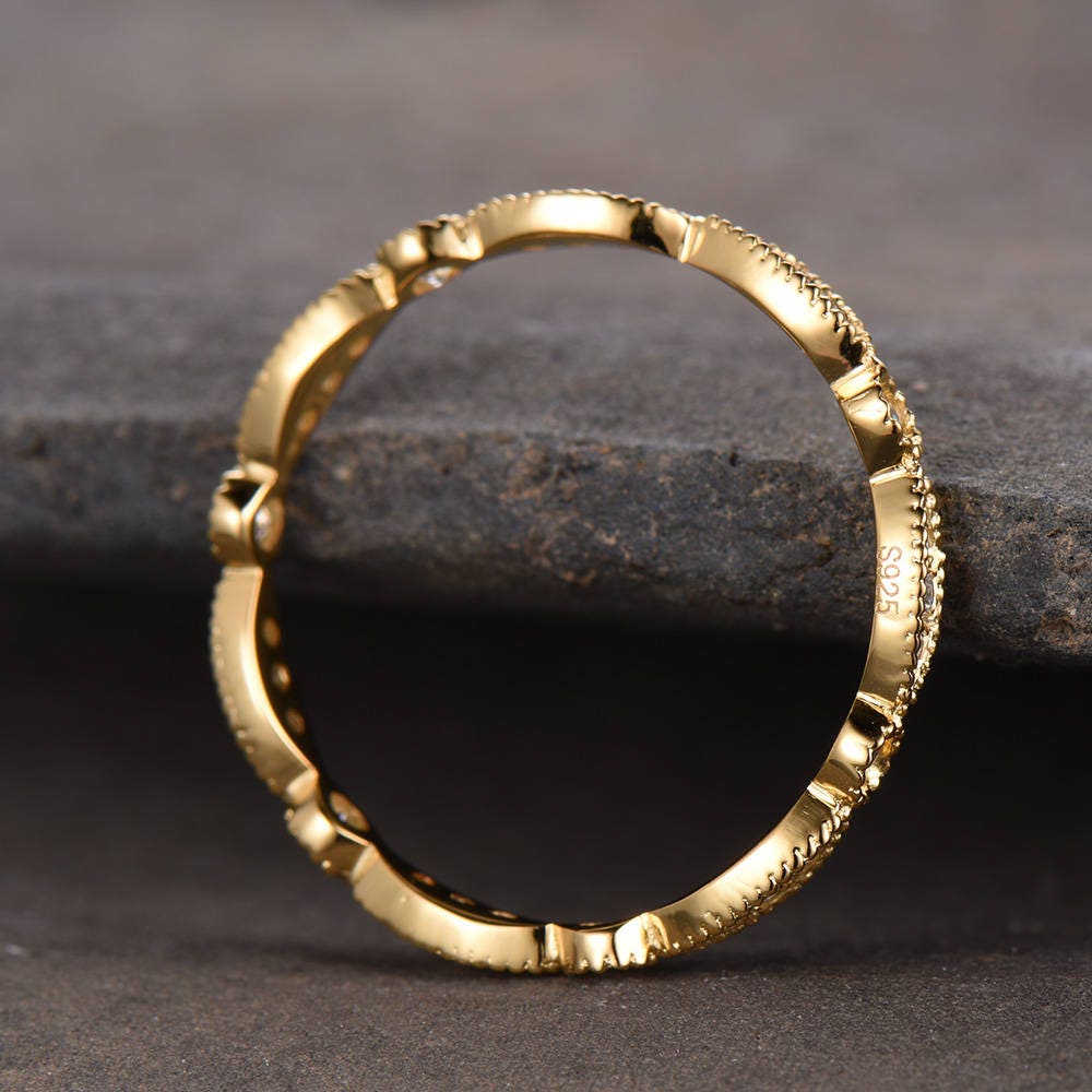 Vintage Wedding Band Art Deco Wedding Band Milgrain Marquise Matching Band Sterling Silver Anniversary Ring Yellow Gold Plated
