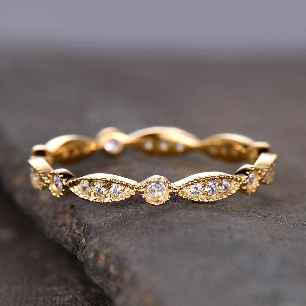 Vintage Wedding Band Art Deco Wedding Band Milgrain Marquise Matching Band Sterling Silver Anniversary Ring Yellow Gold Plated