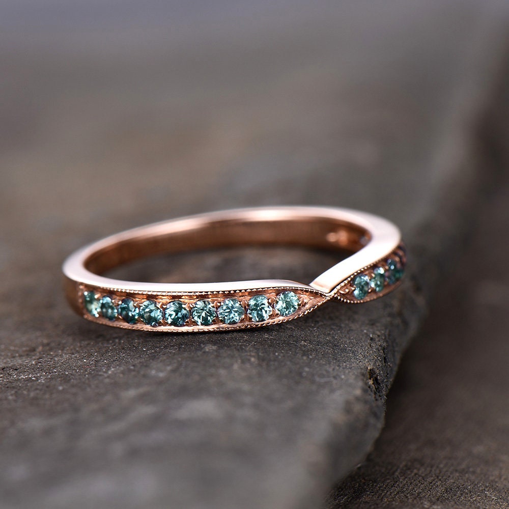 Alexandrite Ring Curve Wedding Band Chevron Ring Sterling Silver Eternity Band Stacking V Ring June Birthstone Rose Gold Plated