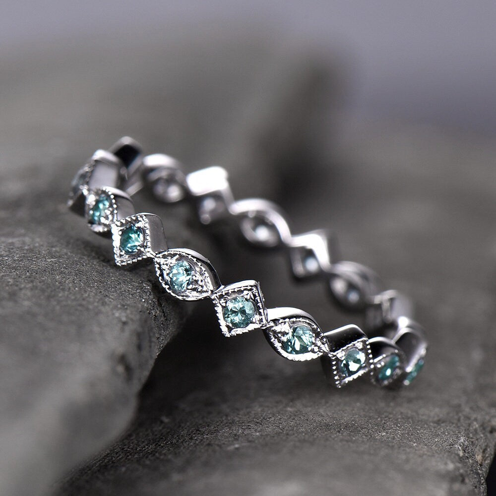Art Deco Wedding Band Alexandrite Ring Aniversary Ring Sterling Silver Eternity Band Stacking Ring June Birthstone White Gold Plated