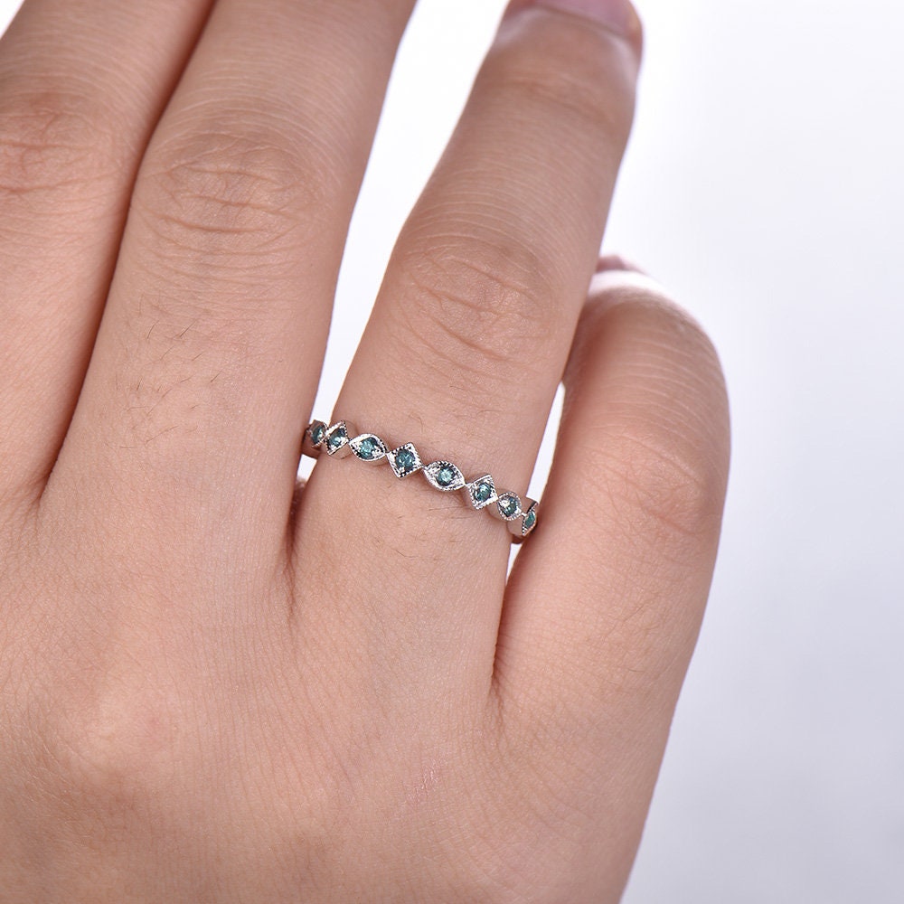 Art Deco Wedding Band Alexandrite Ring Aniversary Ring Sterling Silver Eternity Band Stacking Ring June Birthstone White Gold Plated