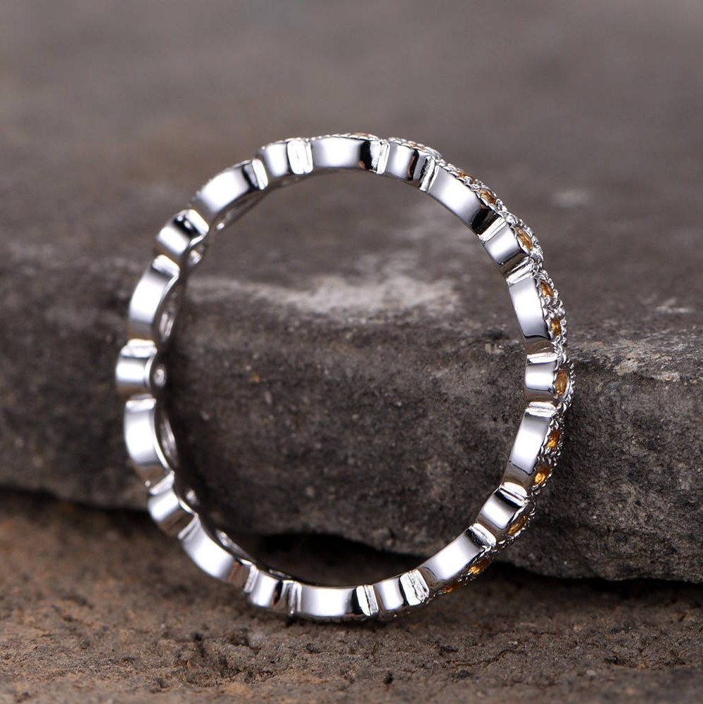 Eternity band Citrine Wedding ring Sterling silver ring for women Art Deco Style Dainty stackable ring Matching band White gold ring