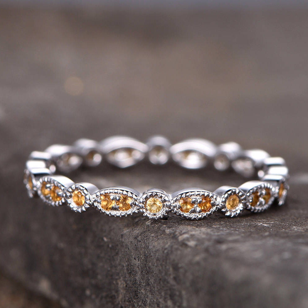 Eternity band Citrine Wedding ring Sterling silver ring for women Art Deco Style Dainty stackable ring Matching band White gold ring