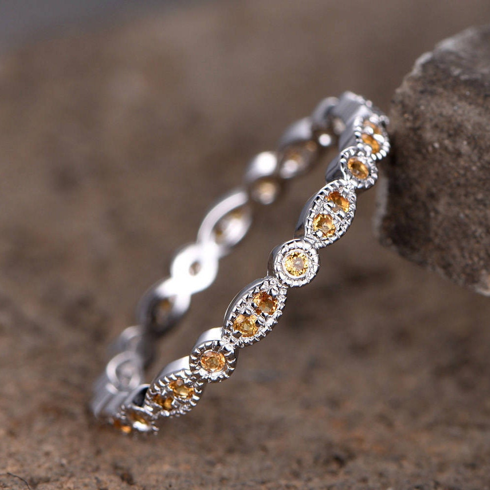 Eternity band Citrine Wedding ring Sterling silver ring for women Art Deco Style Dainty stackable ring Matching band White gold ring