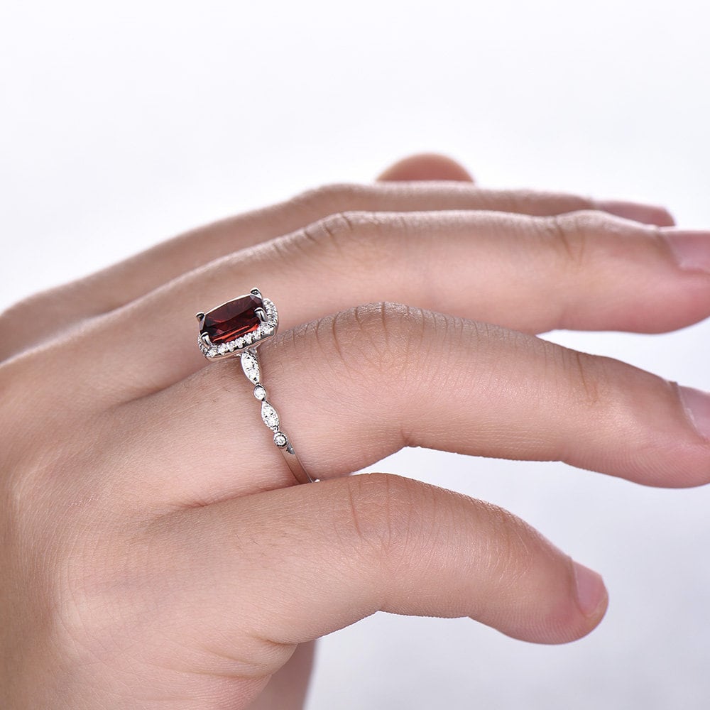 Garnet Wedding Set Natural Red Garnet Cushion Cut Sterling Silver Ring Art Deco Wedding Band Handmade Gift Birthday Gift Ring Vintage