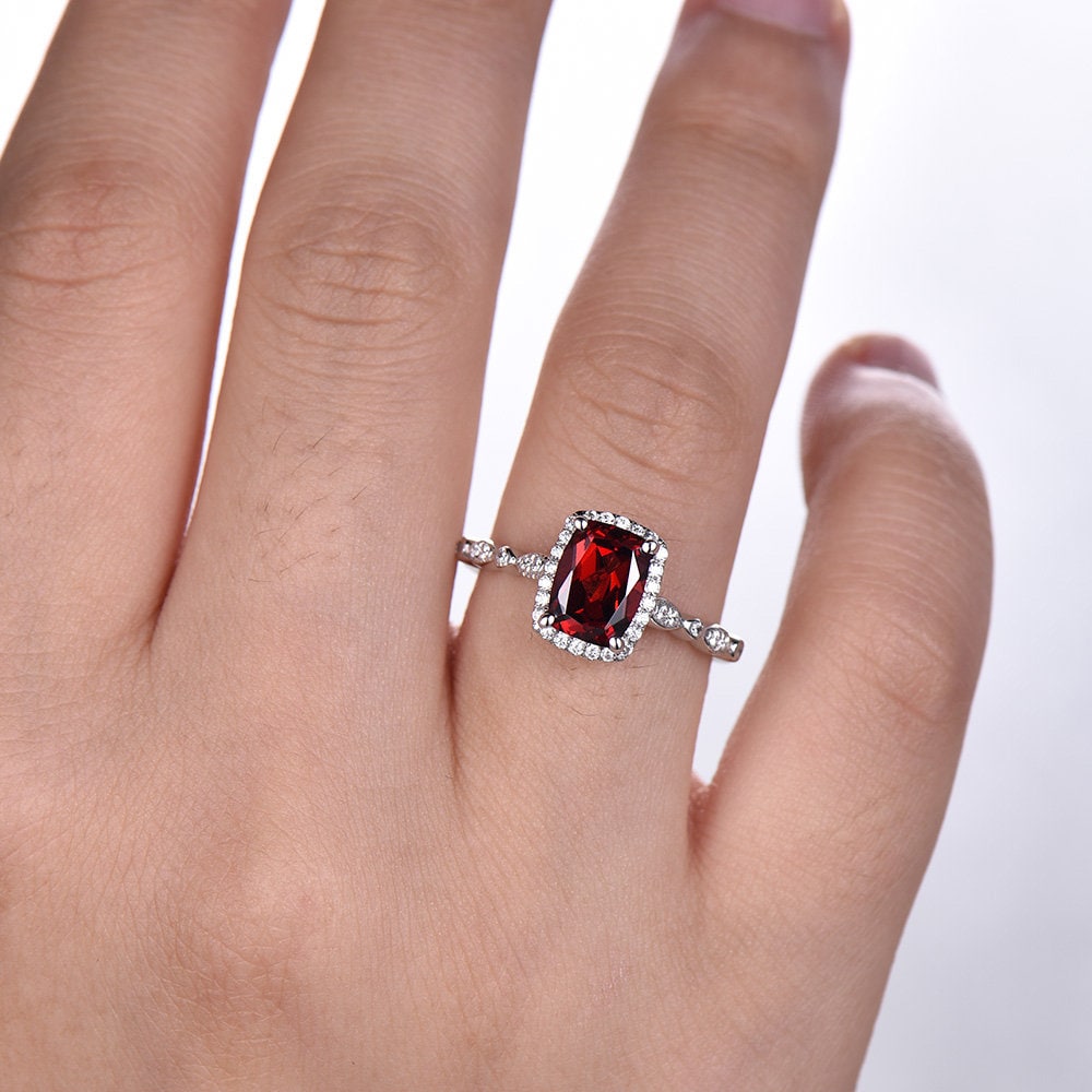 Red Garnet Ring Cushion Cut Ring Garnet Engagement Ring White Gold Plated Sterling Silver Red Gemstone Ring