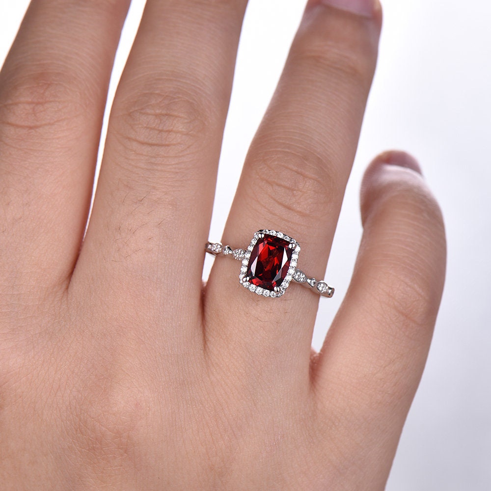Garnet Wedding Set Natural Red Garnet Cushion Cut Sterling Silver Ring Art Deco Wedding Band Handmade Gift Birthday Gift Ring Vintage