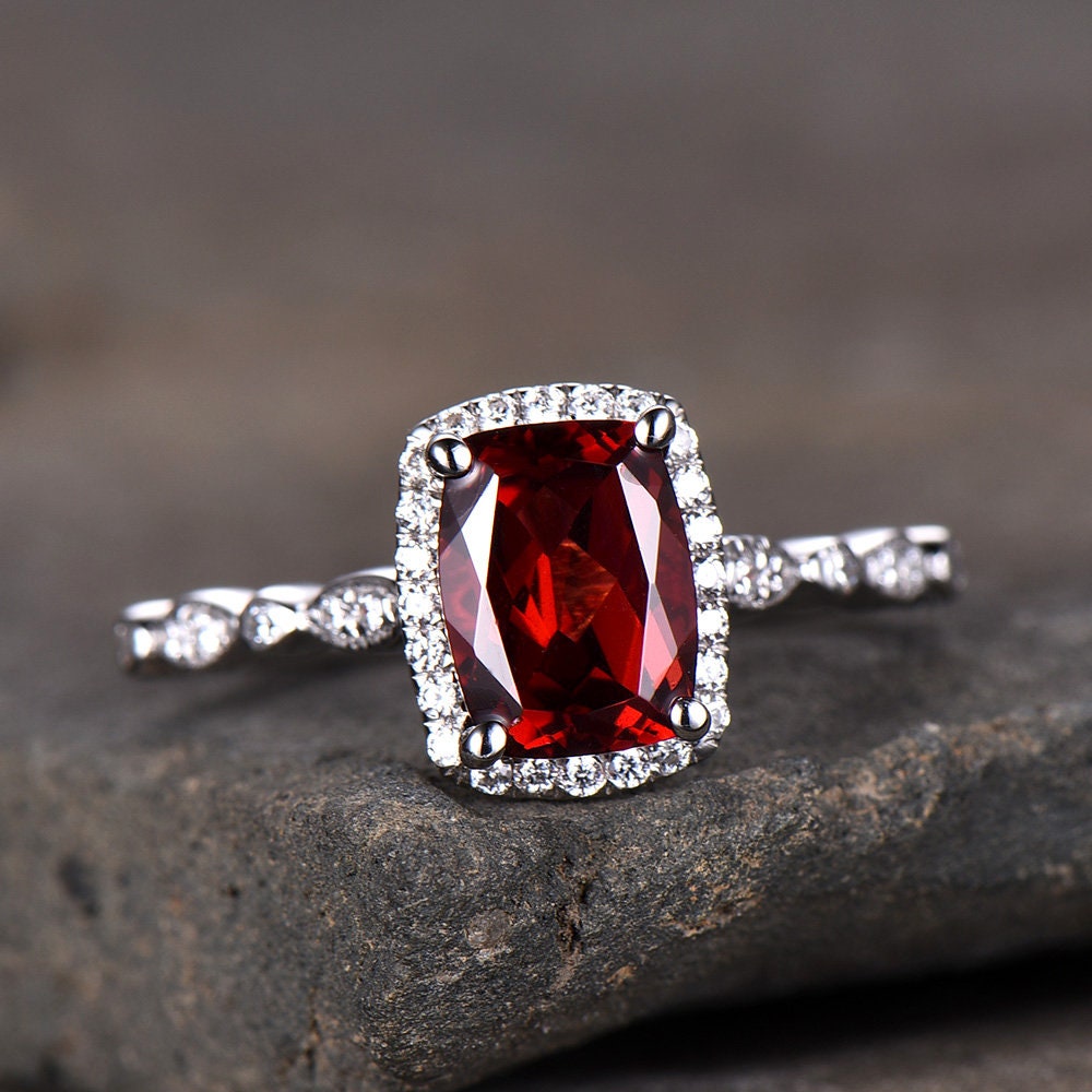 Garnet Wedding Set Natural Red Garnet Cushion Cut Sterling Silver Ring Art Deco Wedding Band Handmade Gift Birthday Gift Ring Vintage