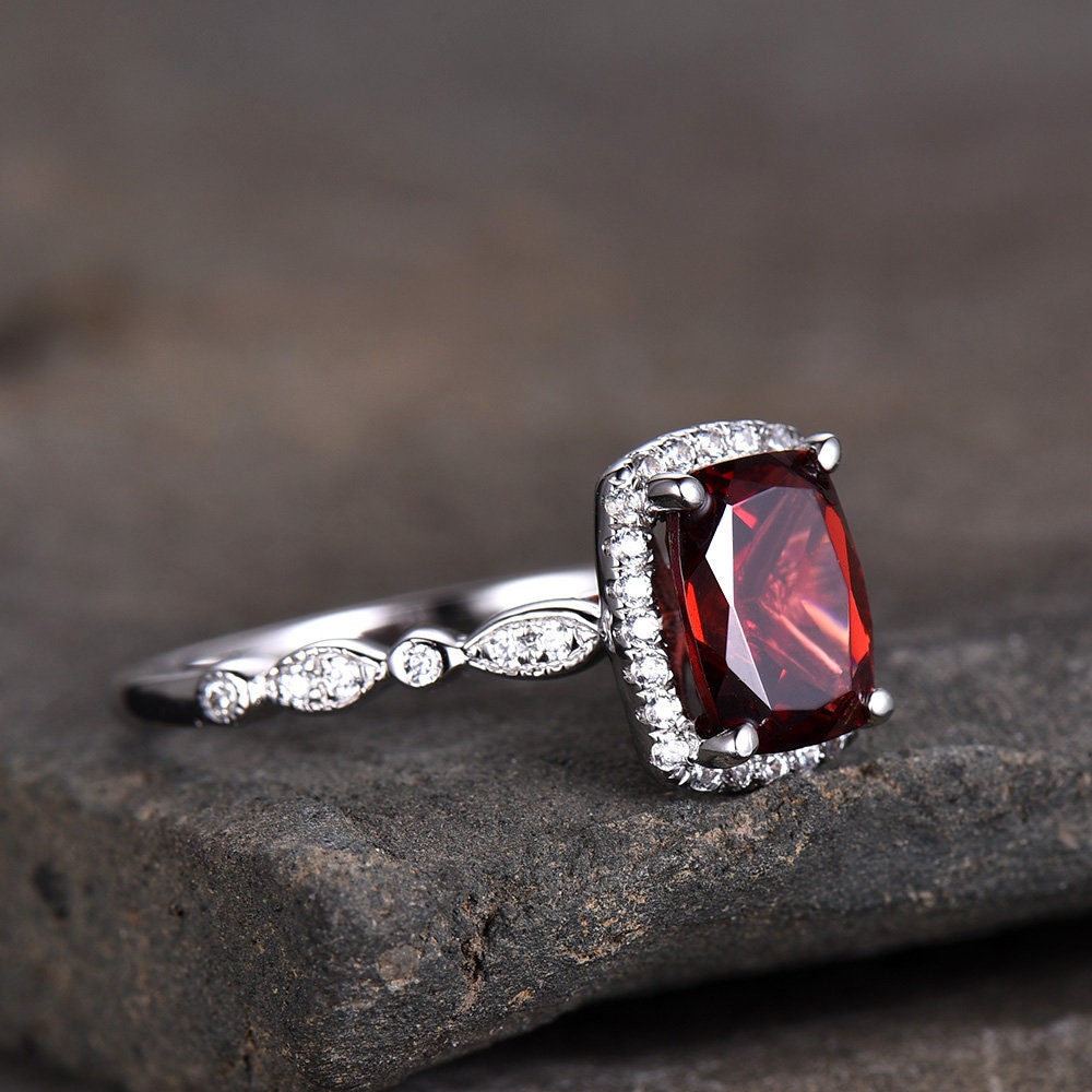 Red Garnet Ring Cushion Cut Ring Garnet Engagement Ring White Gold Plated Sterling Silver Red Gemstone Ring