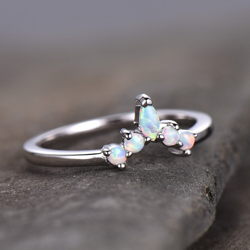 Opal ring,curve wedding band,crown wedding band,opal matching band,sterling silver ring,unique curved stacking band,Anniversary ring