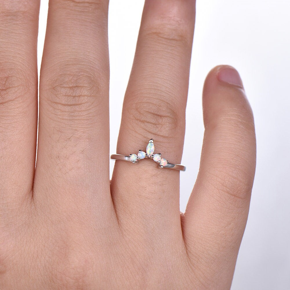 Opal ring,curve wedding band,crown wedding band,opal matching band,sterling silver ring,unique curved stacking band,Anniversary ring
