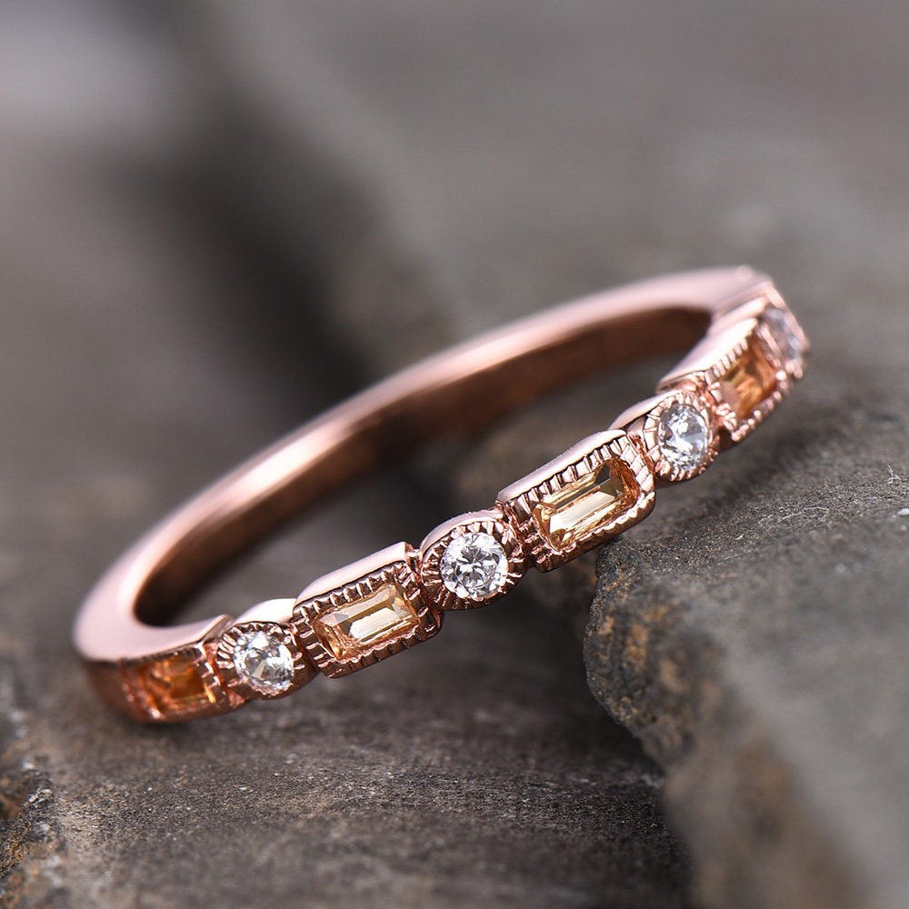 Citrine Wedding Band,Half Eternity Citrine Ring,Stacking Matching Band,Baguette Citrine Wedding Band,November Birthstone Ring, Gift for Her