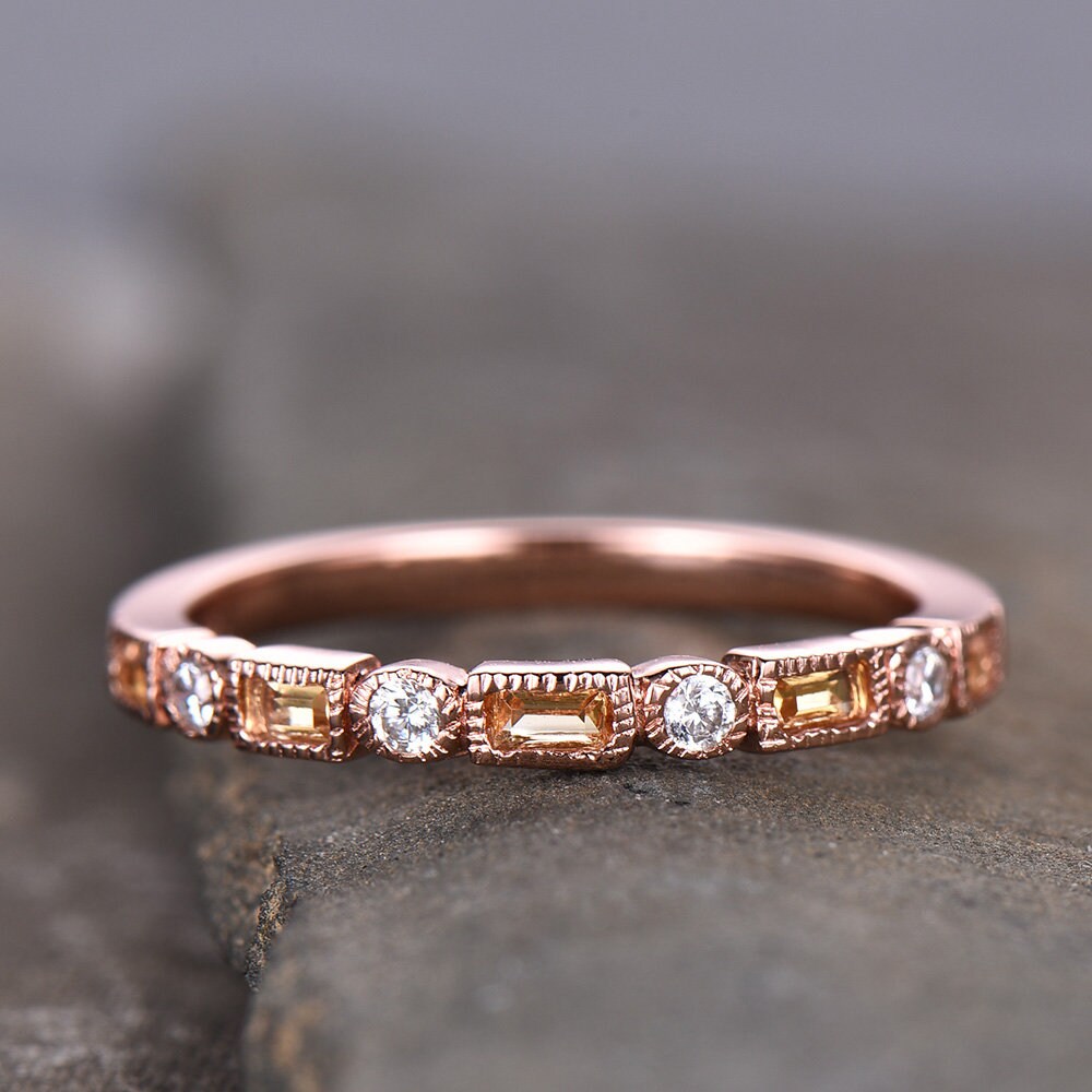 Citrine Wedding Band,Half Eternity Citrine Ring,Stacking Matching Band,Baguette Citrine Wedding Band,November Birthstone Ring, Gift for Her
