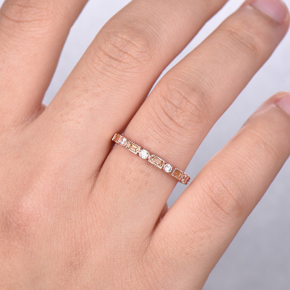 Citrine Wedding Band,Half Eternity Citrine Ring,Stacking Matching Band,Baguette Citrine Wedding Band,November Birthstone Ring, Gift for Her