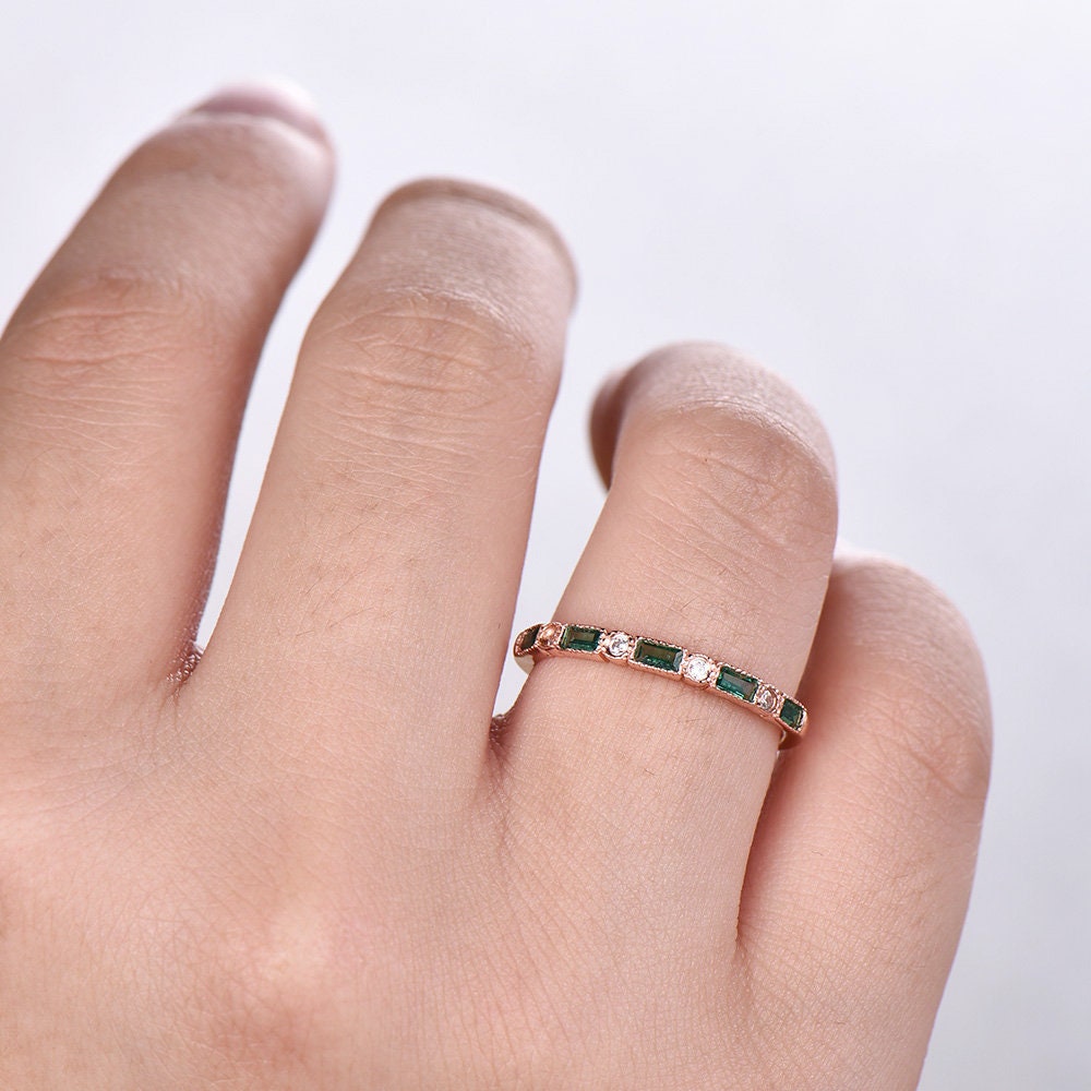Emerald Wedding Band Half Eternity Band Art Deco Stacking Wedding Ring Anniversary Ring Sterling Silver Rose Gold Plated Milgrain