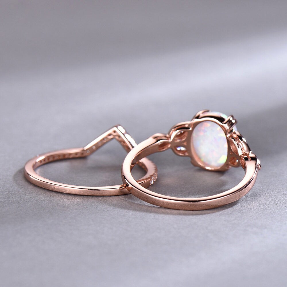 Opal Wedding Ring Set Opal Ring White Fire Opal Floral Engagment Ring Rose Gold Plated Unique Curve Wedding Band Silver Bridal Ring Set