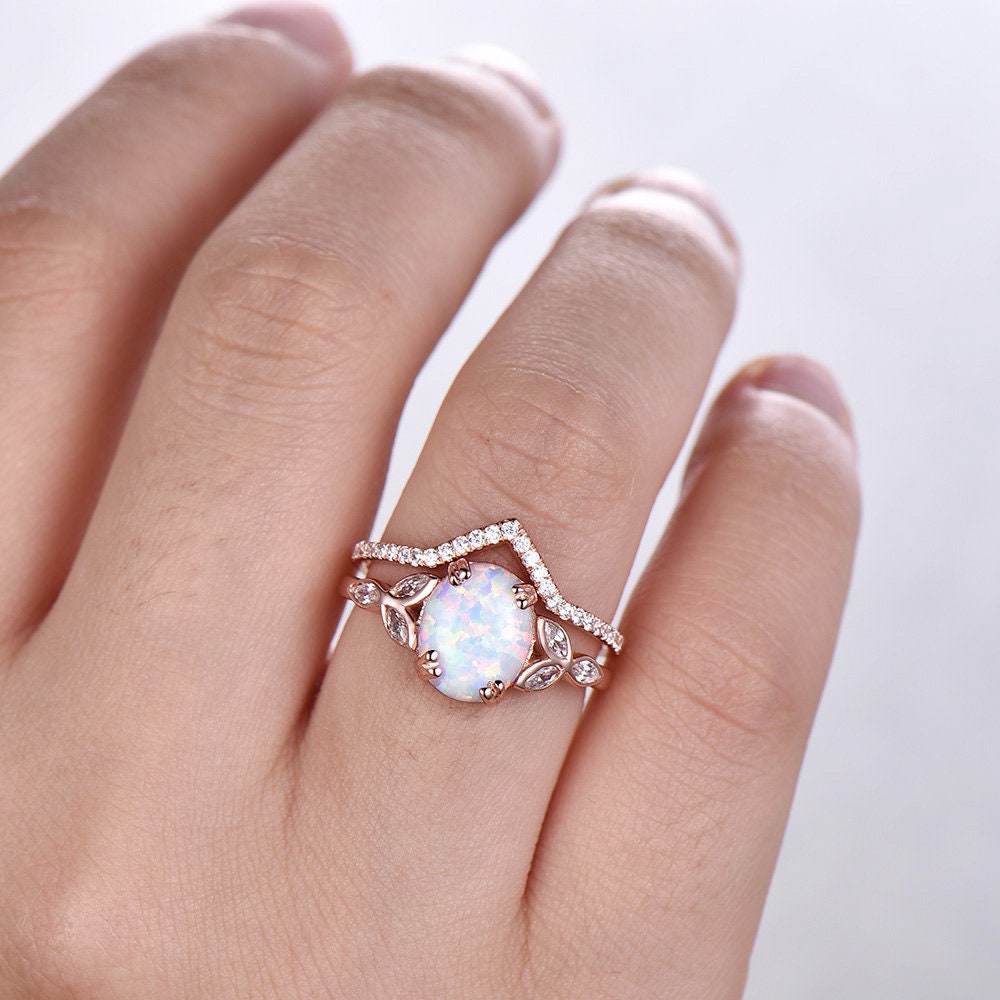 Opal Wedding Ring Set Opal Ring White Fire Opal Floral Engagment Ring Rose Gold Plated Unique Curve Wedding Band Silver Bridal Ring Set