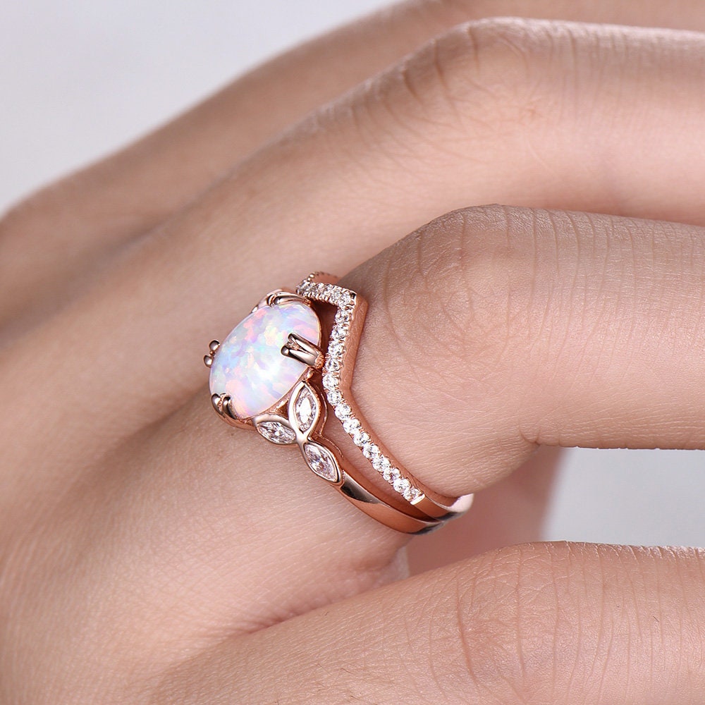 Opal Wedding Ring Set Opal Ring White Fire Opal Floral Engagment Ring Rose Gold Plated Unique Curve Wedding Band Silver Bridal Ring Set