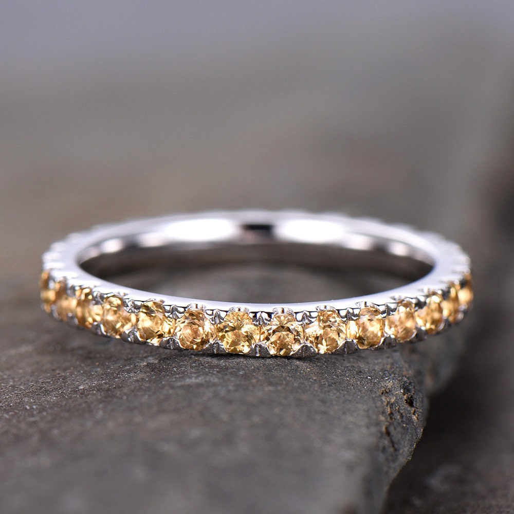 Citrine Wedding Ring Yellow Citrine Ring Full Eternity Band White Gold Plated Sterling Silver Stackable Band Annniversary Ring
