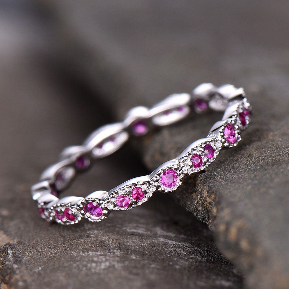 Ruby Wedding Ring,Natural Ruby,Eternity Ring,Full Eternity,Art Deco Band,Sterling silver,Matching Band,Stacking Ring