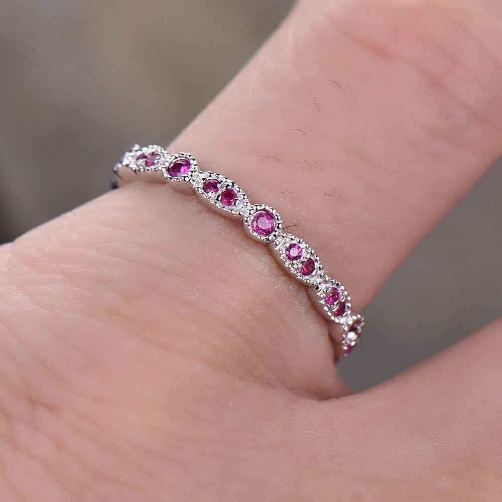 Ruby Wedding Ring,Natural Ruby,Eternity Ring,Full Eternity,Art Deco Band,Sterling silver,Matching Band,Stacking Ring