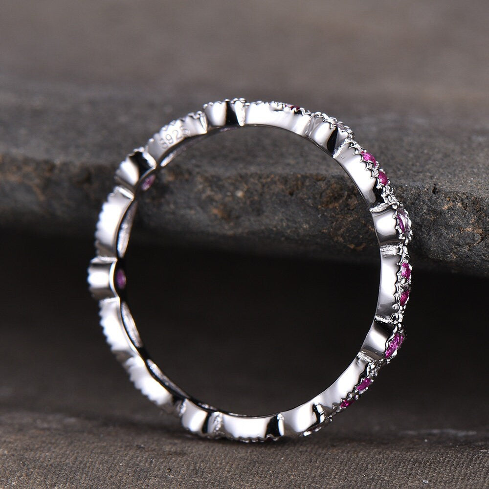 Ruby Wedding Ring,Natural Ruby,Eternity Ring,Full Eternity,Art Deco Band,Sterling silver,Matching Band,Stacking Ring