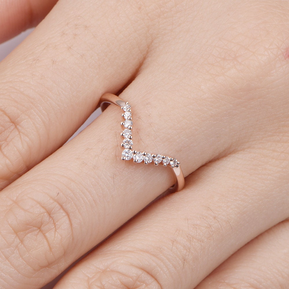 14k rose gold diamond wedding band V shaped diamond matching band natural real SI clarity stone half eternity ring curved band