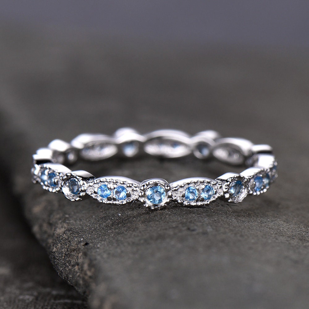 Topaz Wedding Ring,Blue Topaz Wedding Band,Art Deco Band,Natural Blue Topaz,Matching band,Bridal Ring Marquise Ring,Milgrain,Sterling Silver