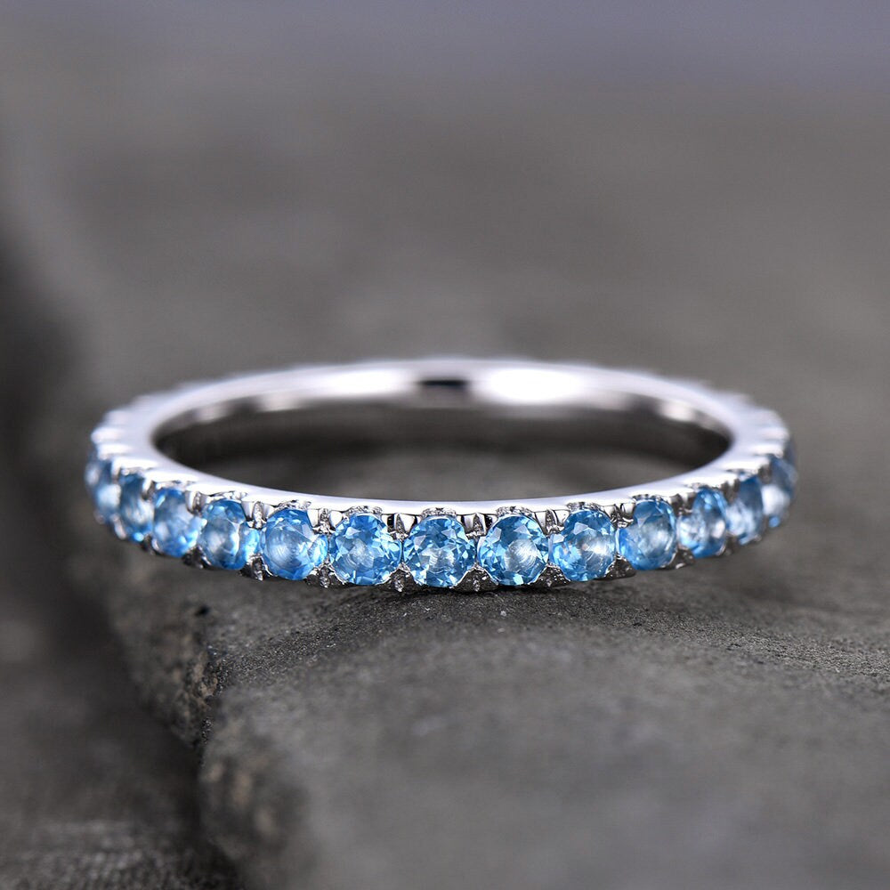 Eternity Band Blue Topaz Wedding Band Topaz Ring Aniversary Ring Sterling Silver Stacking Ring White Gold Plated