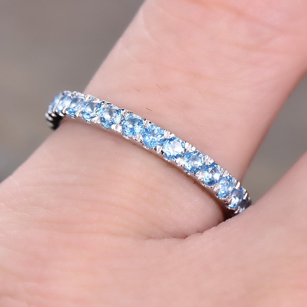 Eternity Band Blue Topaz Wedding Band Topaz Ring Aniversary Ring Sterling Silver Stacking Ring White Gold Plated