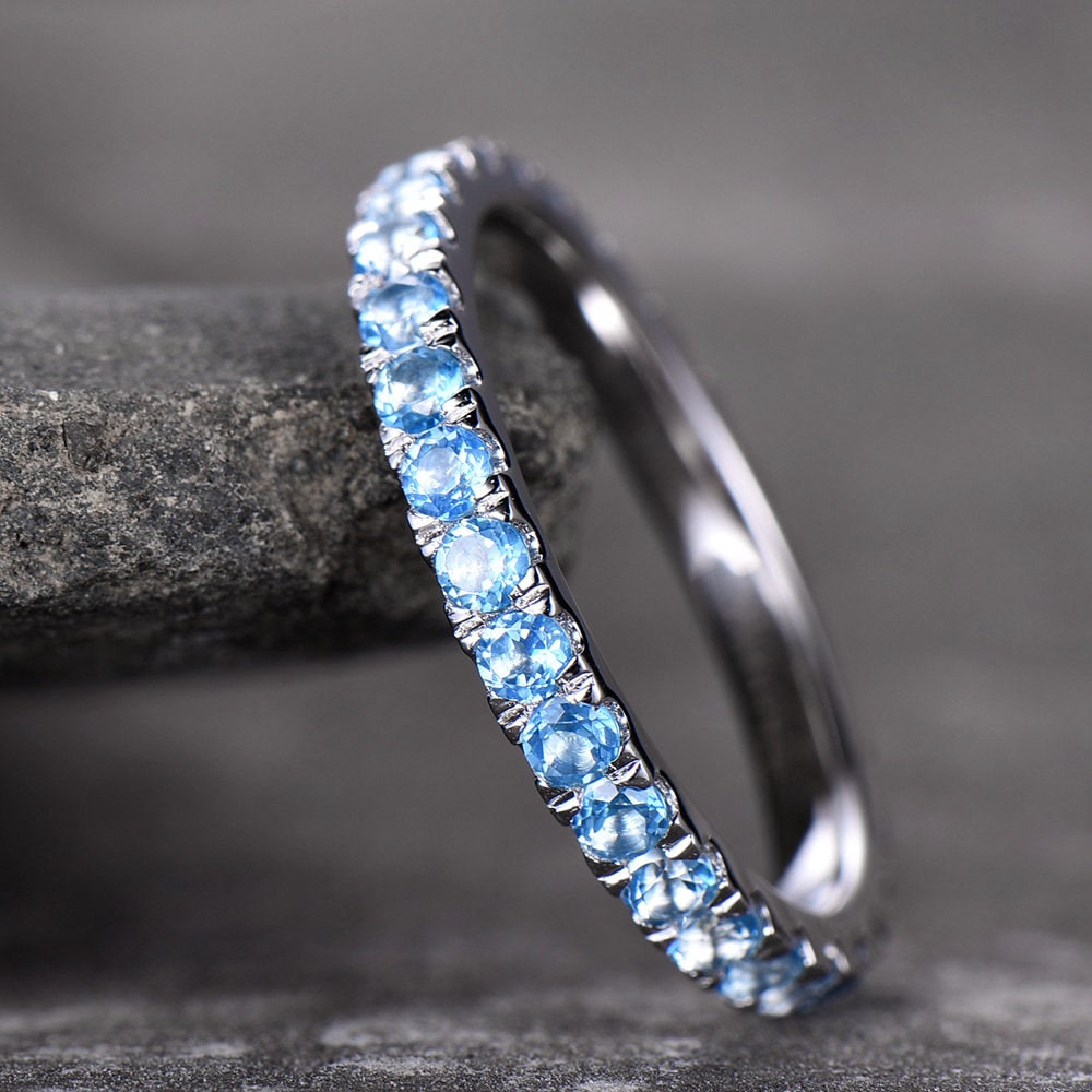 Eternity Band Blue Topaz Wedding Band Topaz Ring Aniversary Ring Sterling Silver Stacking Ring White Gold Plated