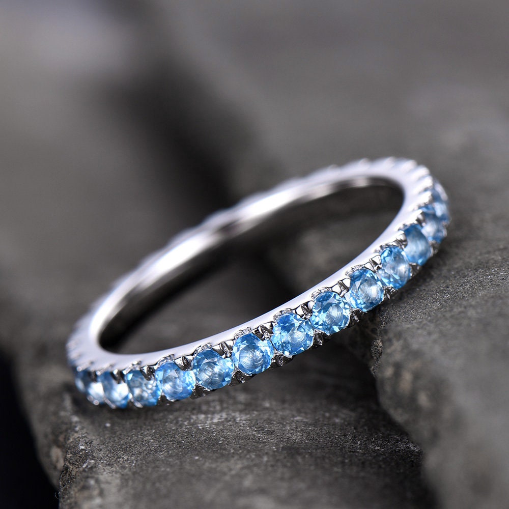 Eternity Band Blue Topaz Wedding Band Topaz Ring Aniversary Ring Sterling Silver Stacking Ring White Gold Plated