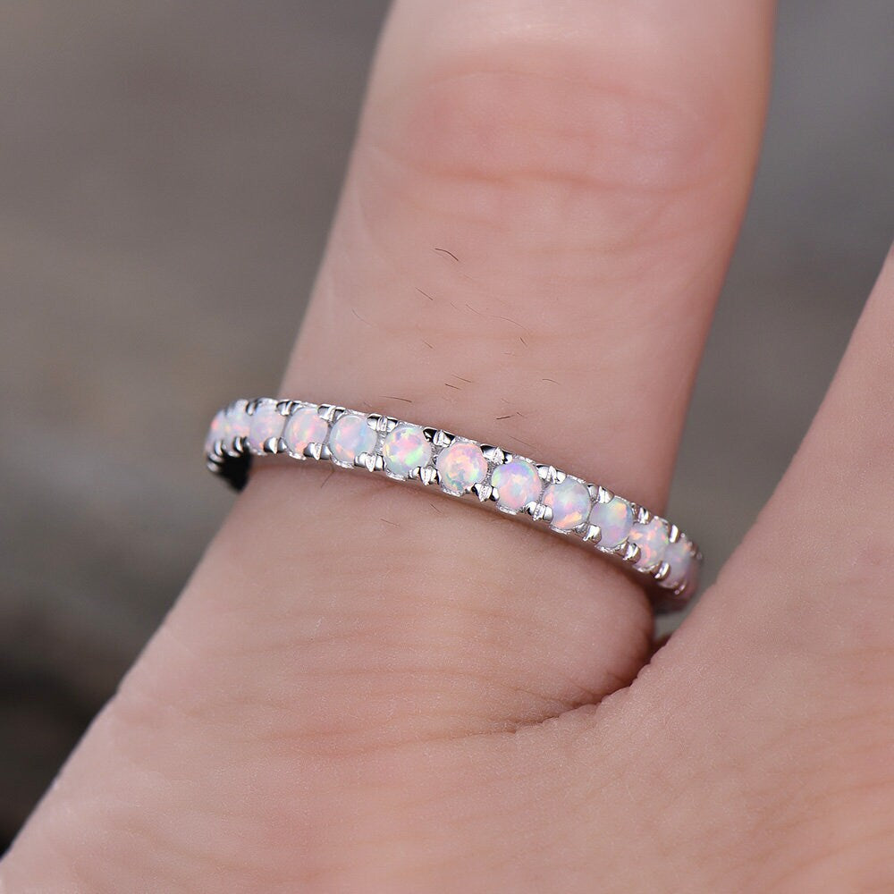 Opal Ring,Opal Wedding Band,Eternity Band,Opal Stacking Ring,Matching Band,Promise Ring,Anniversary,Gift for Women,White Gold,October Ring