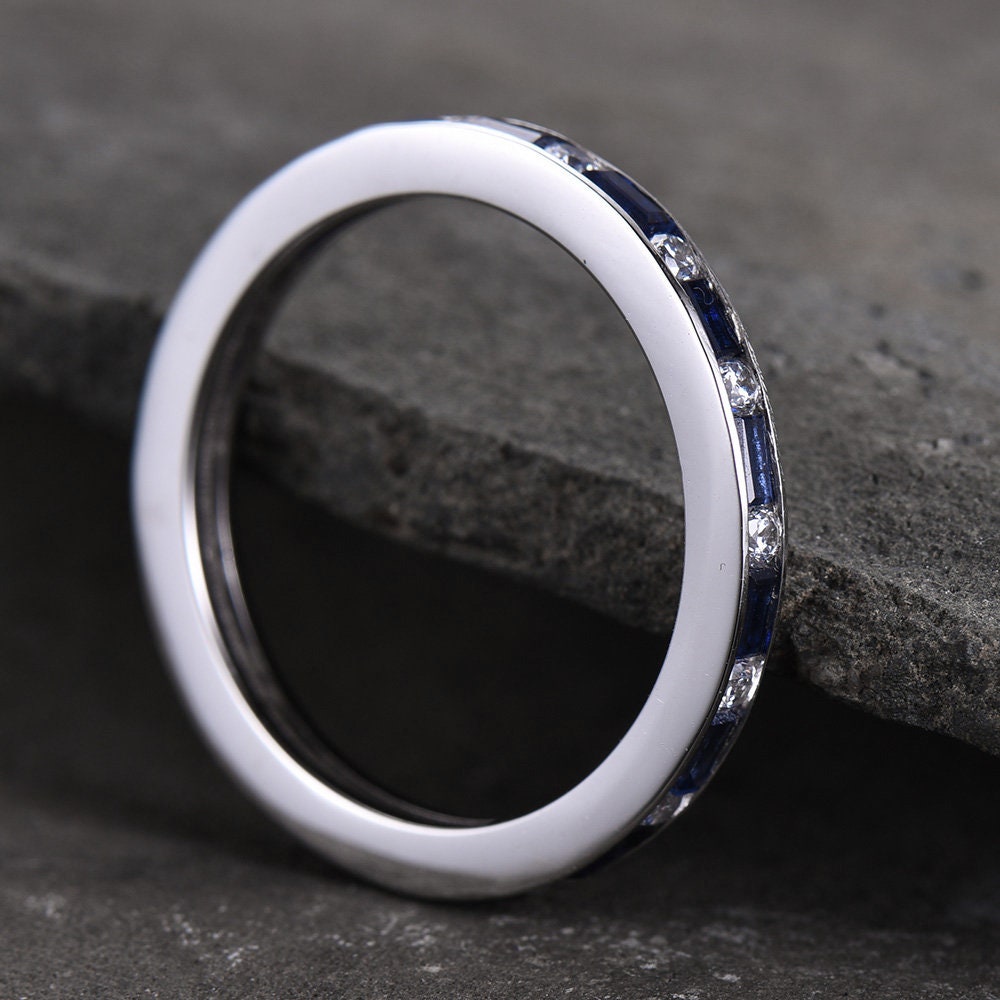 Sapphire Ring Baguette Cut Blue Sapphire And Diamond Simulant Wedding Band Full Eternity Sterling Silver Anniversary stacking rings