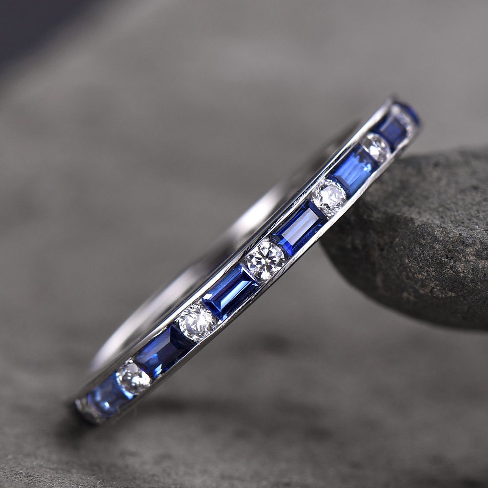 Sapphire Ring Baguette Cut Blue Sapphire And Diamond Simulant Wedding Band Full Eternity Sterling Silver Anniversary stacking rings