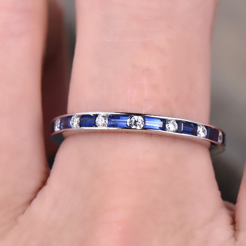 Sapphire Ring Baguette Cut Blue Sapphire And Diamond Simulant Wedding Band Full Eternity Sterling Silver Anniversary stacking rings