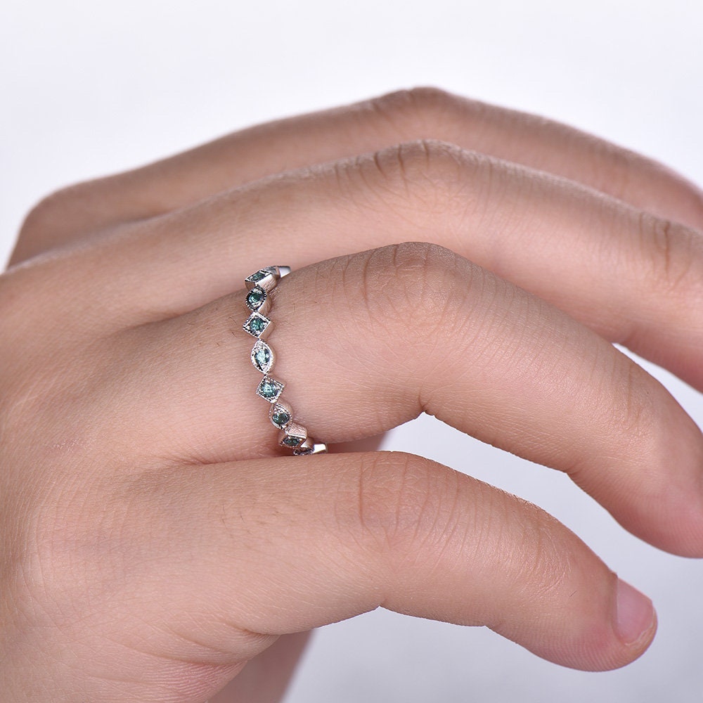 Art Deco Wedding Band Alexandrite Ring Aniversary Ring Sterling Silver Eternity Band Stacking Ring June Birthstone White Gold Plated