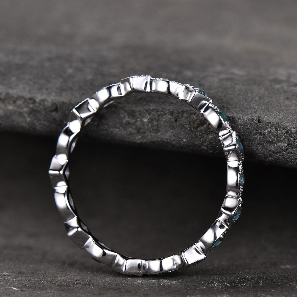 Art Deco Wedding Band Alexandrite Ring Aniversary Ring Sterling Silver Eternity Band Stacking Ring June Birthstone White Gold Plated