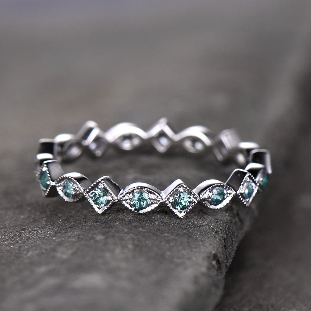 Art Deco Wedding Band Alexandrite Ring Aniversary Ring Sterling Silver Eternity Band Stacking Ring June Birthstone White Gold Plated