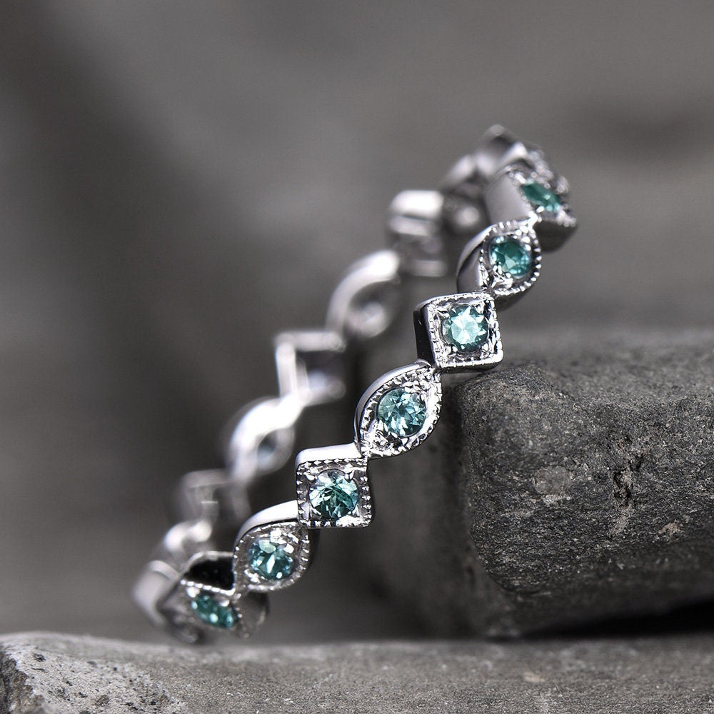 Art Deco Wedding Band Alexandrite Ring Aniversary Ring Sterling Silver Eternity Band Stacking Ring June Birthstone White Gold Plated