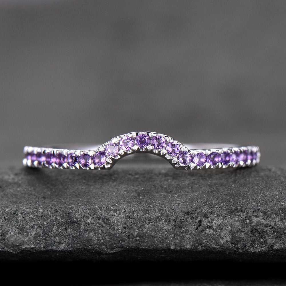 Sterling Silver Rings Amethyst Wedding Band Half Eternity Curved Ring White Gold Plated Anniversary Gift
