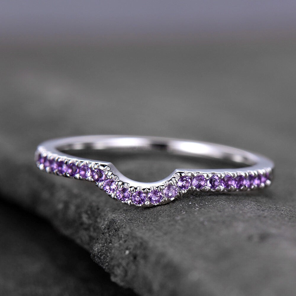 Sterling Silver Rings Amethyst Wedding Band Half Eternity Curved Ring White Gold Plated Anniversary Gift