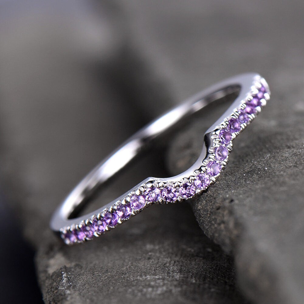 Sterling Silver Rings Amethyst Wedding Band Half Eternity Curved Ring White Gold Plated Anniversary Gift
