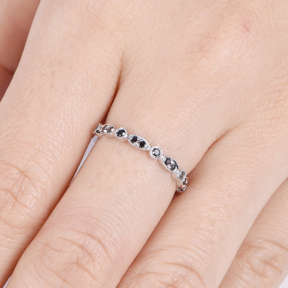Black diamond wedding band 14k white gold natural diamond wedding ring art deco half eternity ring stacking matching band
