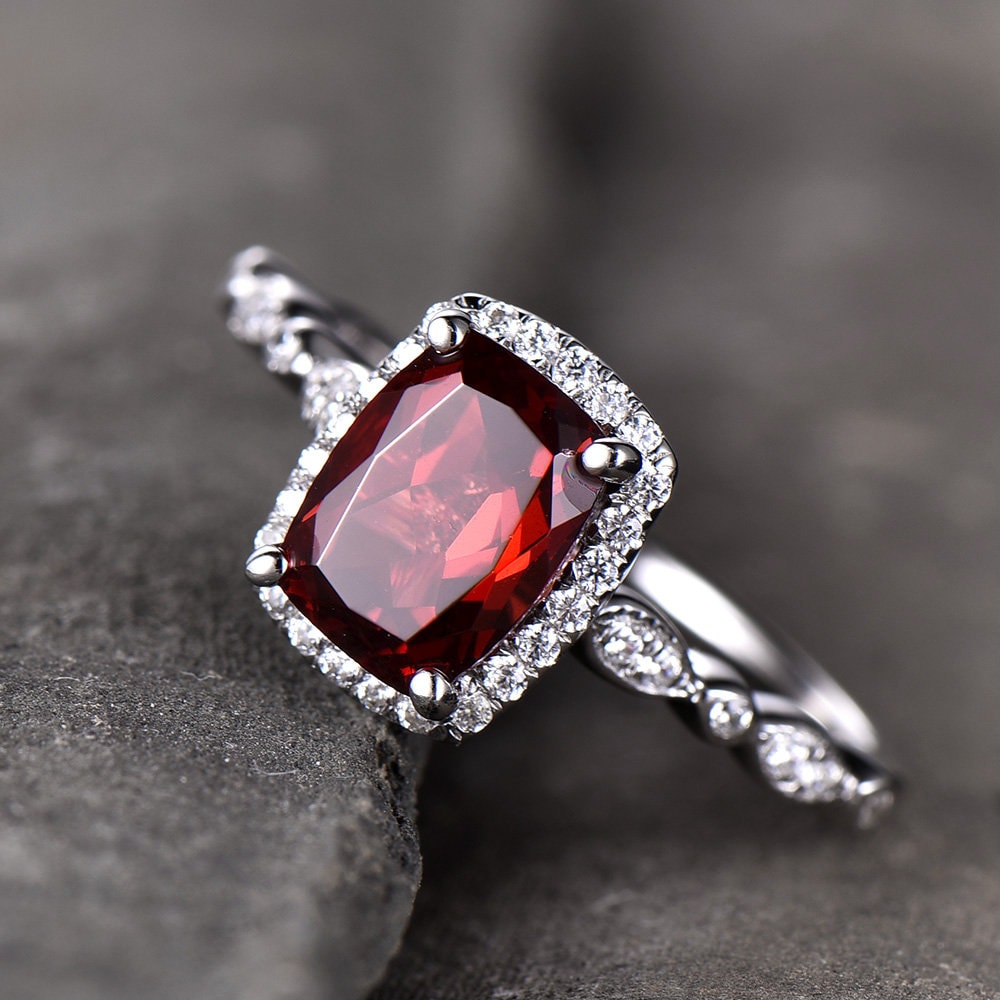 Garnet Wedding Set Natural Red Garnet Cushion Cut Sterling Silver Ring Art Deco Wedding Band Handmade Gift Birthday Gift Ring Vintage
