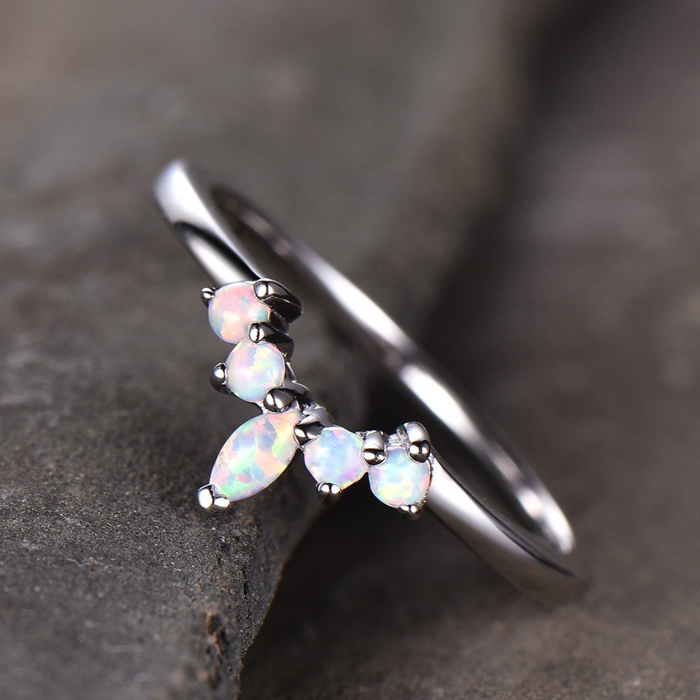 Opal ring,curve wedding band,crown wedding band,opal matching band,sterling silver ring,unique curved stacking band,Anniversary ring