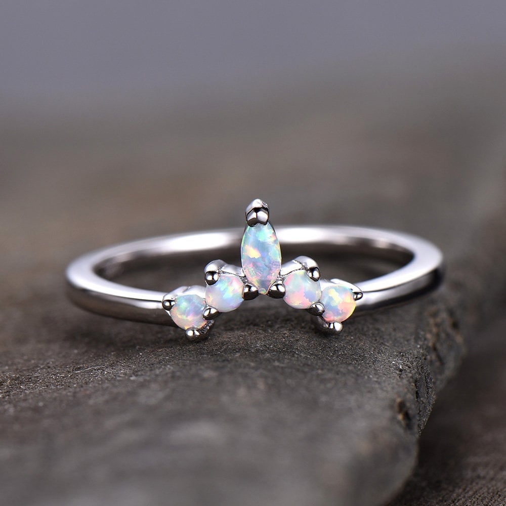 Opal ring,curve wedding band,crown wedding band,opal matching band,sterling silver ring,unique curved stacking band,Anniversary ring