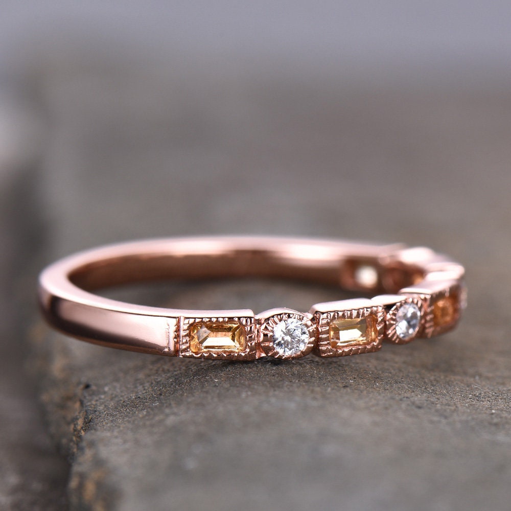 Citrine Wedding Band,Half Eternity Citrine Ring,Stacking Matching Band,Baguette Citrine Wedding Band,November Birthstone Ring, Gift for Her